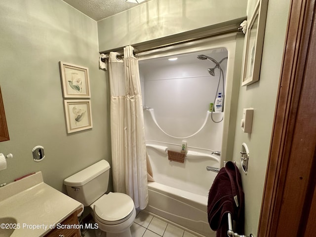 full bathroom with tile patterned floors, toilet, a textured ceiling, vanity, and shower / bath combo