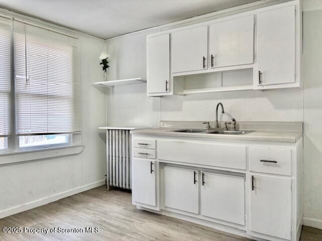 kitchen featuring light wood-style floors, light countertops, a sink, and open shelves