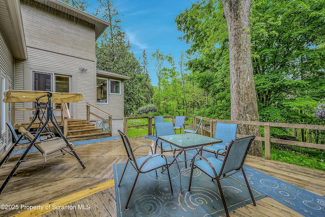 837 Old State Rd, Waverly Twp, PA 18411 - wooden terrace featuring outdoor dining area and entry steps