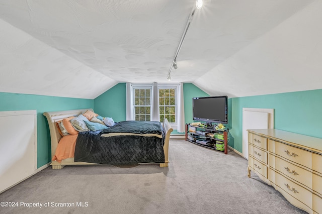 bedroom with vaulted ceiling, carpet, and track lighting