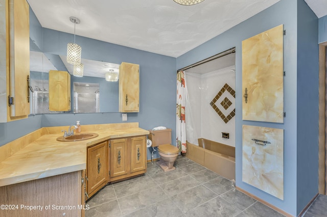 full bathroom with tile patterned flooring, vanity, shower / tub combo, and toilet