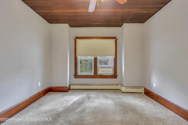 spare room featuring carpet, cooling unit, ceiling fan, a baseboard radiator, and wood ceiling