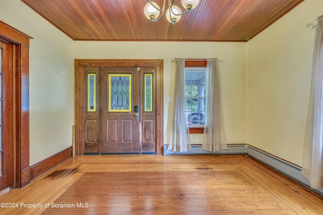 foyer featuring a notable chandelier, light hardwood / wood-style floors, and wooden ceiling