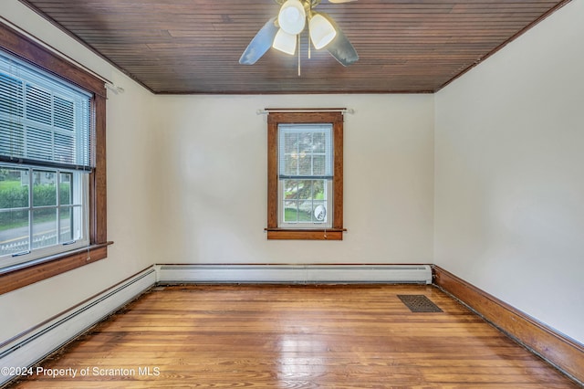 unfurnished room with ceiling fan, light hardwood / wood-style flooring, wood ceiling, and a baseboard heating unit