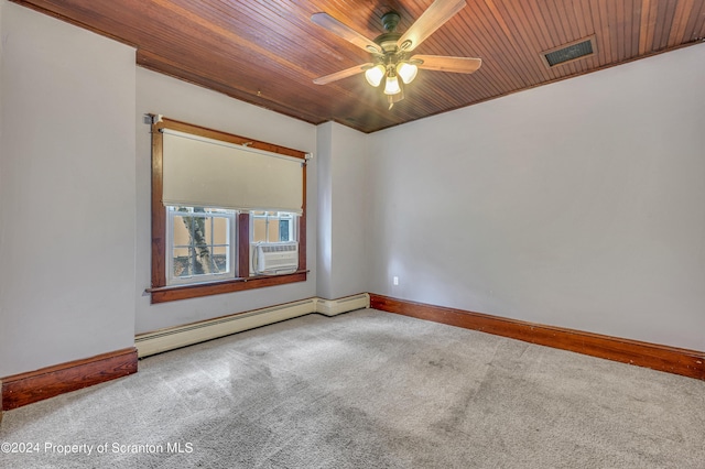 spare room featuring ceiling fan, light colored carpet, wooden ceiling, and a baseboard heating unit