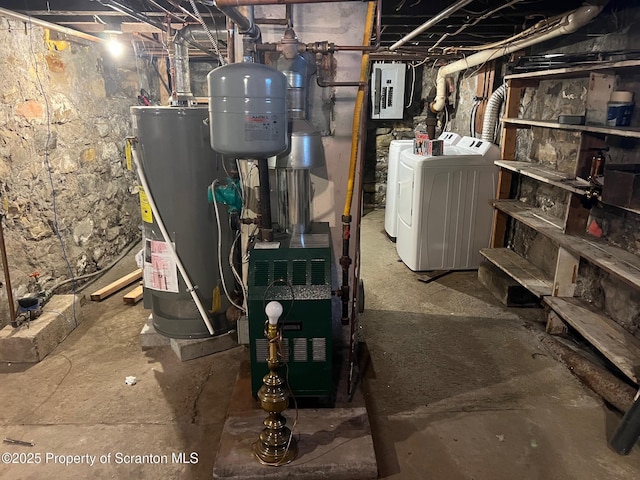 utility room featuring water heater, washer and dryer, and electric panel