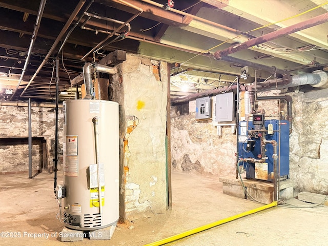 basement with electric panel and water heater