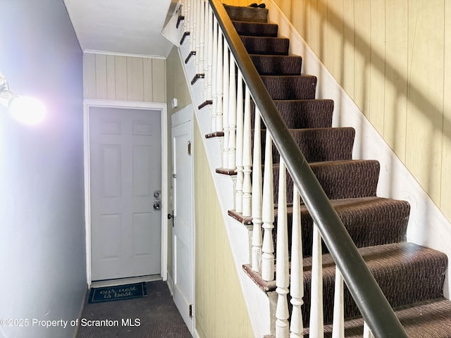 staircase featuring wooden walls