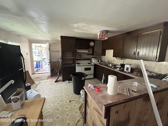 74 Matthews Rd, Spring Brook Twp, PA 18444 - kitchen featuring electric range, under cabinet range hood, dark brown cabinetry, and freestanding refrigerator