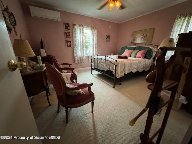 carpeted bedroom with ceiling fan, an AC wall unit, and ornamental molding