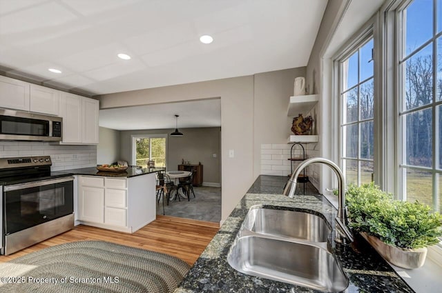 kitchen with appliances with stainless steel finishes, white cabinetry, a sink, and backsplash