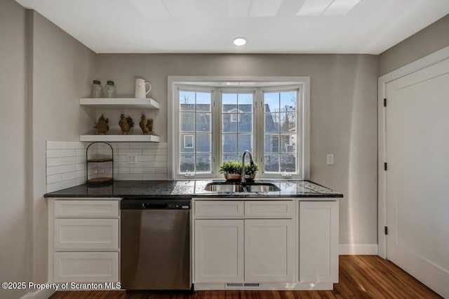 kitchen with visible vents, backsplash, stainless steel dishwasher, white cabinetry, and a sink