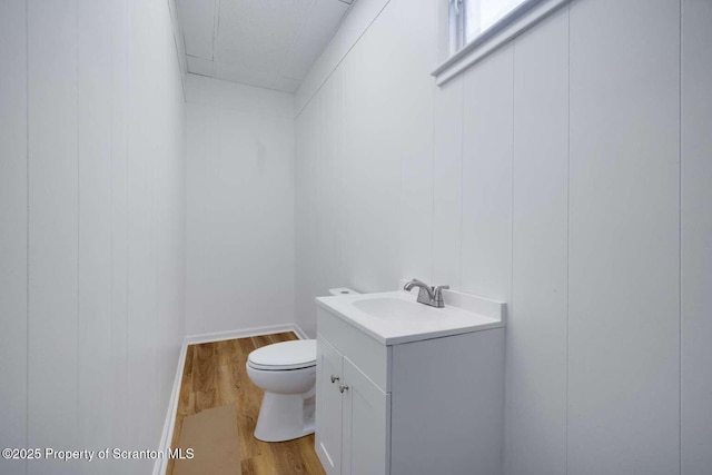 bathroom with vanity, wood-type flooring, and toilet