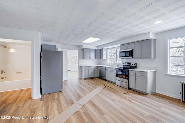 kitchen featuring light hardwood / wood-style floors, stainless steel appliances, gray cabinets, and sink