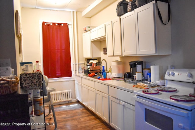640 Alder St, Scranton, PA 18505 - kitchen featuring electric stove, light countertops, white cabinetry, wood finished floors, and a drop ceiling