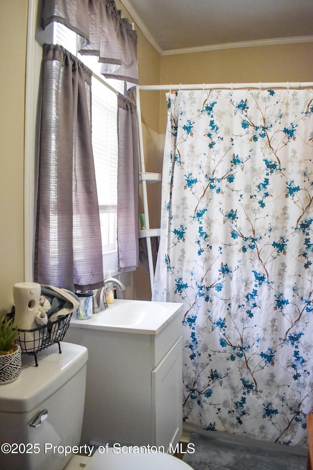 640 Alder St, Scranton, PA 18505 - full bathroom with vanity, toilet, crown molding, and curtained shower