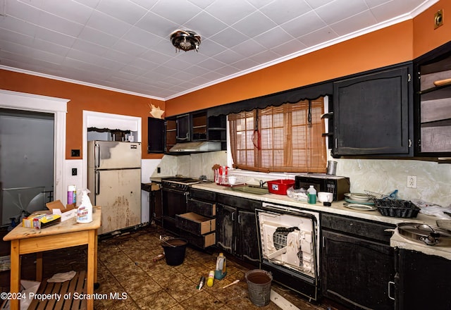 kitchen with backsplash, crown molding, wall chimney range hood, sink, and black appliances