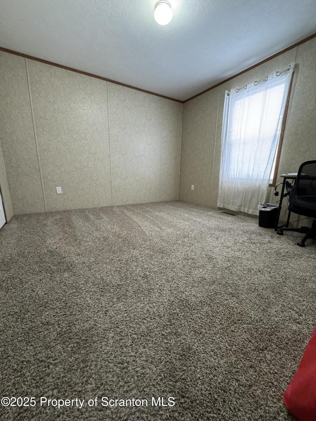 unfurnished room with carpet flooring, a textured ceiling, and ornamental molding