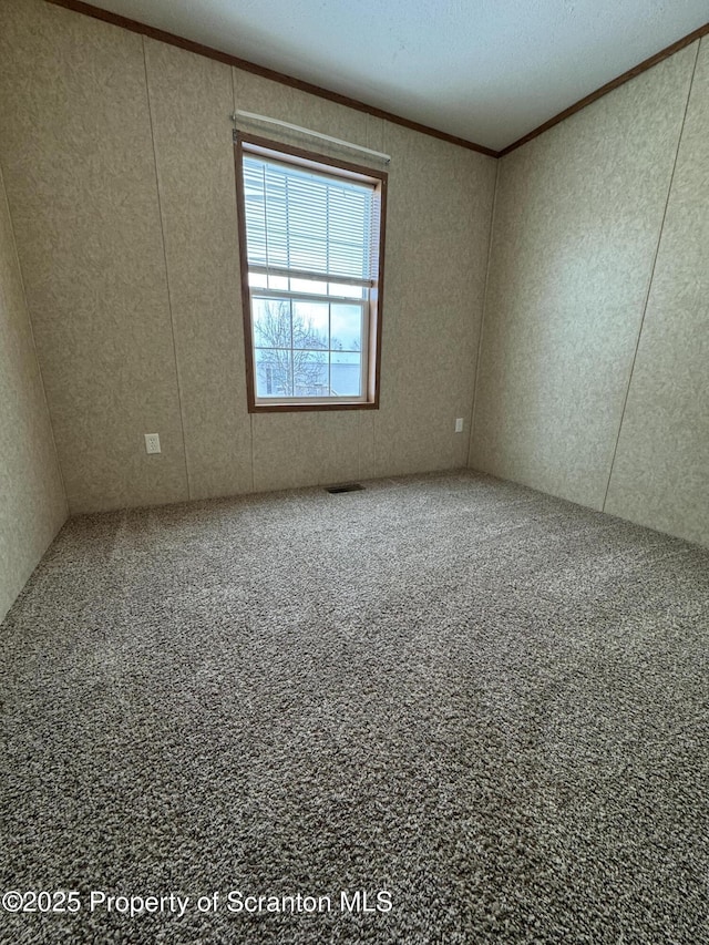 carpeted spare room with ornamental molding