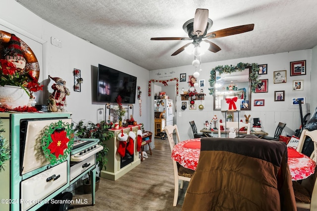 interior space featuring ceiling fan and a textured ceiling