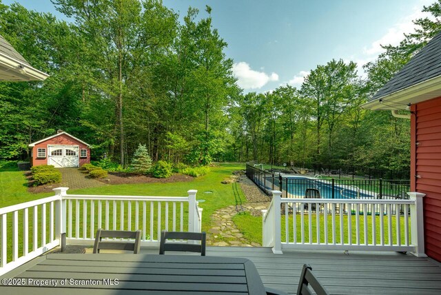 268 Winship Rd, Covington Twp, PA 18444 - wooden terrace featuring a yard and a shed