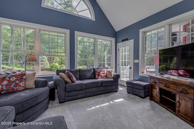 268 Winship Rd, Covington Twp, PA 18444 - carpeted living room featuring high vaulted ceiling