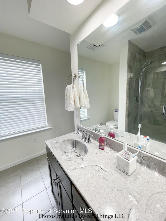 525 Poppy Ln, Moosic, PA 18507 - full bathroom with a stall shower, tile patterned floors, vanity, baseboards, and toilet