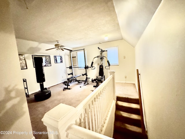 workout area with a textured ceiling, ceiling fan, carpet flooring, and lofted ceiling