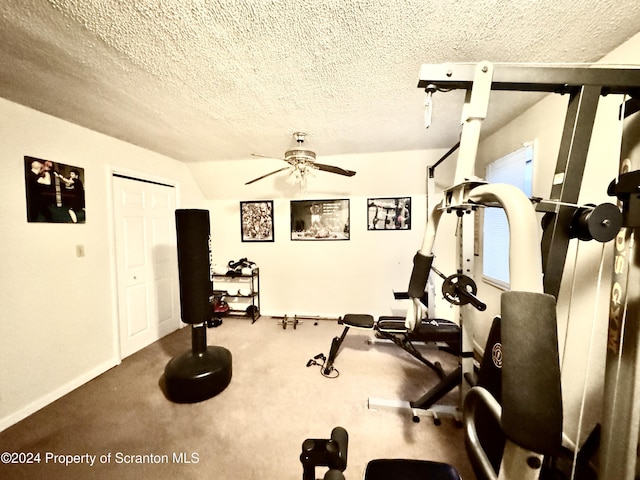 exercise area featuring ceiling fan, a textured ceiling, and vaulted ceiling