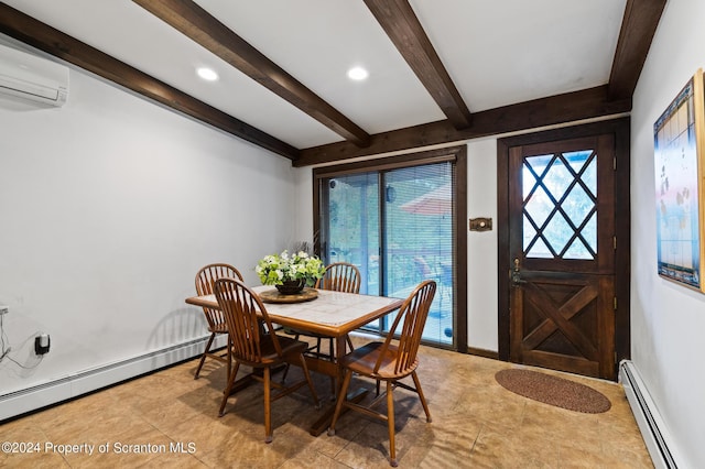 dining space featuring a wall mounted air conditioner, beam ceiling, light tile patterned floors, and a baseboard heating unit