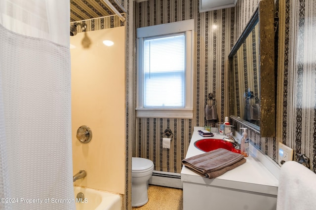 full bathroom with toilet, vanity, shower / tub combo, and a baseboard heating unit