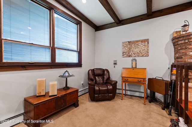 living area featuring beamed ceiling, light carpet, and a baseboard radiator