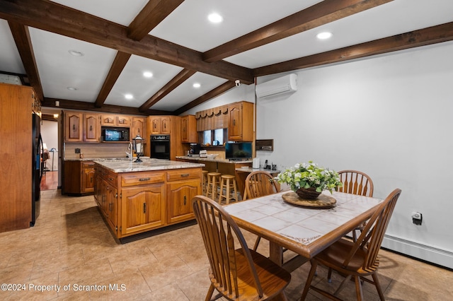 kitchen with black appliances, a center island with sink, an AC wall unit, a baseboard radiator, and vaulted ceiling with beams