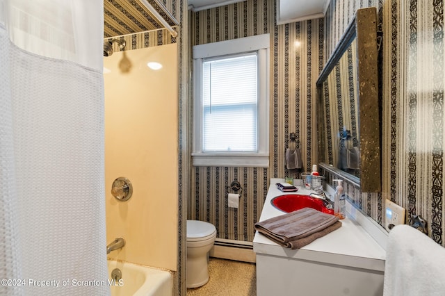 full bathroom featuring baseboard heating, shower / bath combo with shower curtain, vanity, and toilet