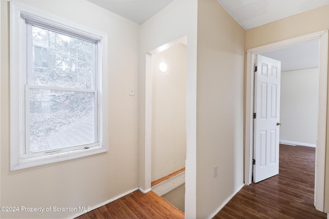 corridor with dark hardwood / wood-style flooring