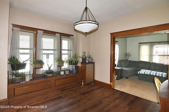 dining space with baseboards and dark wood finished floors