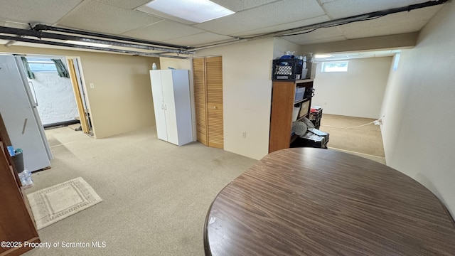 below grade area featuring freestanding refrigerator, a paneled ceiling, and carpet