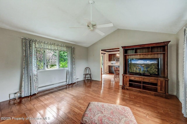 unfurnished living room featuring ceiling fan, a baseboard radiator, hardwood / wood-style floors, and lofted ceiling