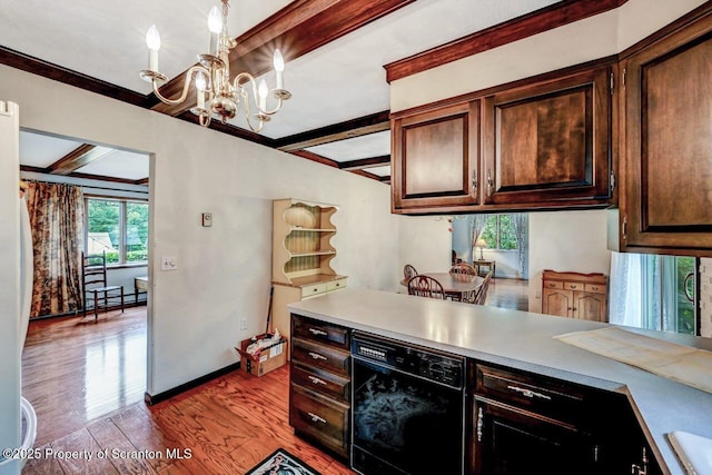 kitchen featuring decorative light fixtures, a notable chandelier, light hardwood / wood-style floors, beamed ceiling, and dark brown cabinets