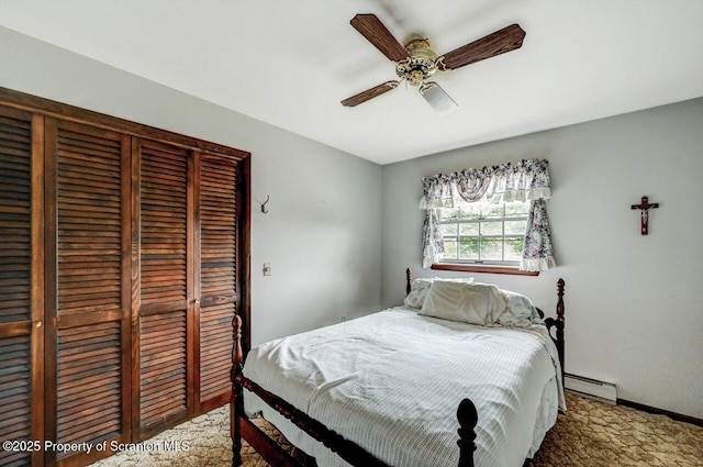 carpeted bedroom with ceiling fan and baseboard heating