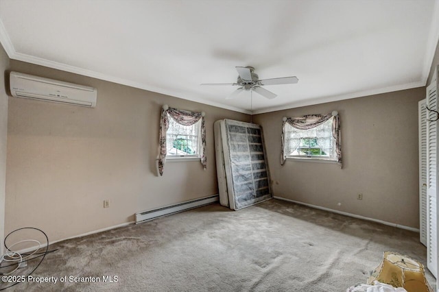 unfurnished bedroom with ceiling fan, a wall mounted air conditioner, multiple windows, and a baseboard radiator