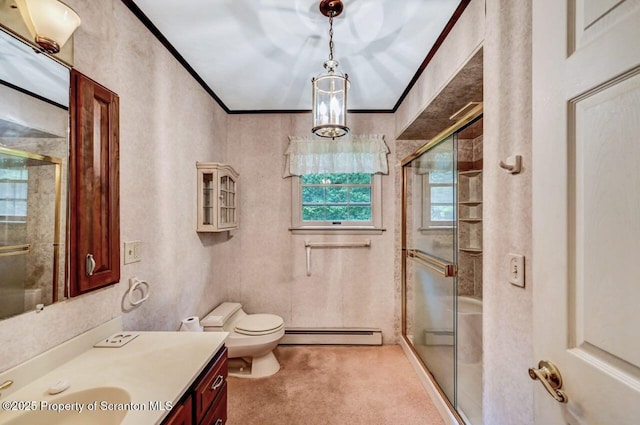 bathroom with vanity, a baseboard heating unit, a shower with door, and crown molding