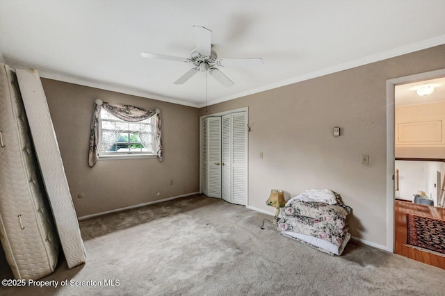 unfurnished bedroom with ceiling fan, a closet, carpet, and ornamental molding