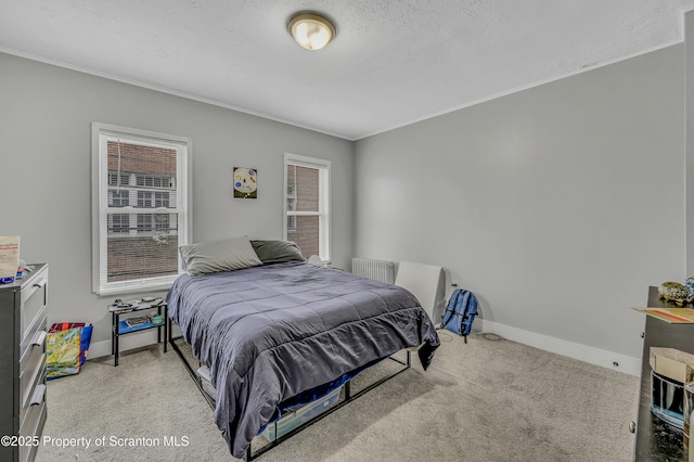 carpeted bedroom with a textured ceiling and crown molding