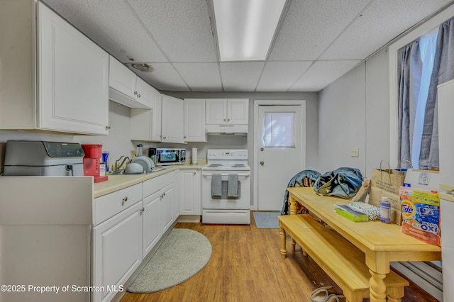 kitchen featuring light hardwood / wood-style floors, white cabinetry, sink, and white electric stove