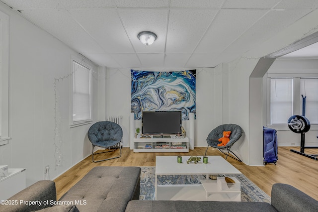 interior space with a drop ceiling and wood-type flooring