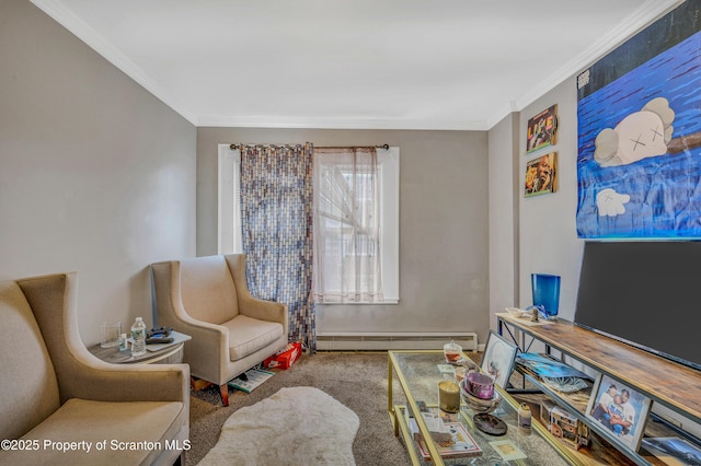 sitting room with ornamental molding, carpet flooring, and a baseboard heating unit