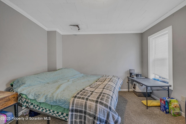 carpeted bedroom with crown molding