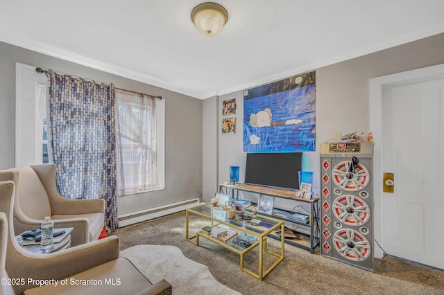 living room with ornamental molding, carpet flooring, and a baseboard radiator