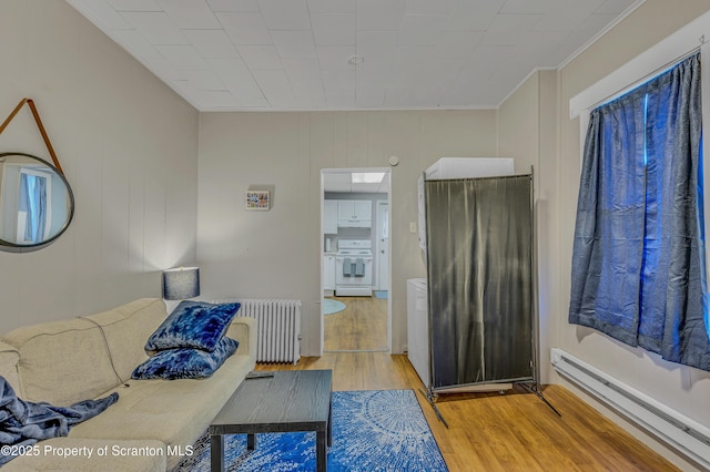 bedroom with radiator, light hardwood / wood-style flooring, crown molding, and a baseboard radiator